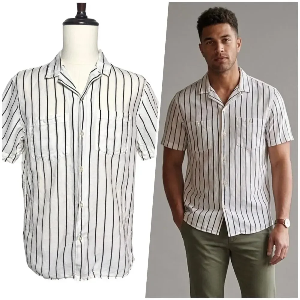 Banana Republic | Men | Slim Linen Cotton Stripe Resort Button Up Shirt | Medium